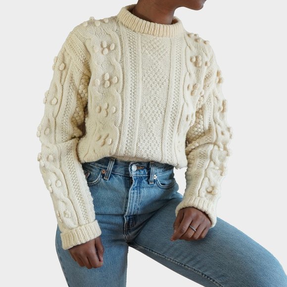 Vintage Sweaters - Vintage Irish Pom Fisherman Cream Sweater